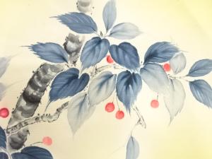 アンティーク　塩瀬　手描き　さくらんぼ模様名古屋帯